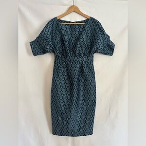 INA Teardrop Peacock Short Sleeve Embroidered Midi Sheath Dress Size Small